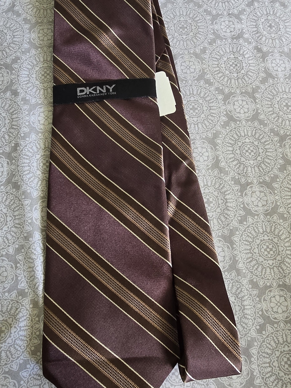DKNY Burgundy and Gold Striped Silk Tie